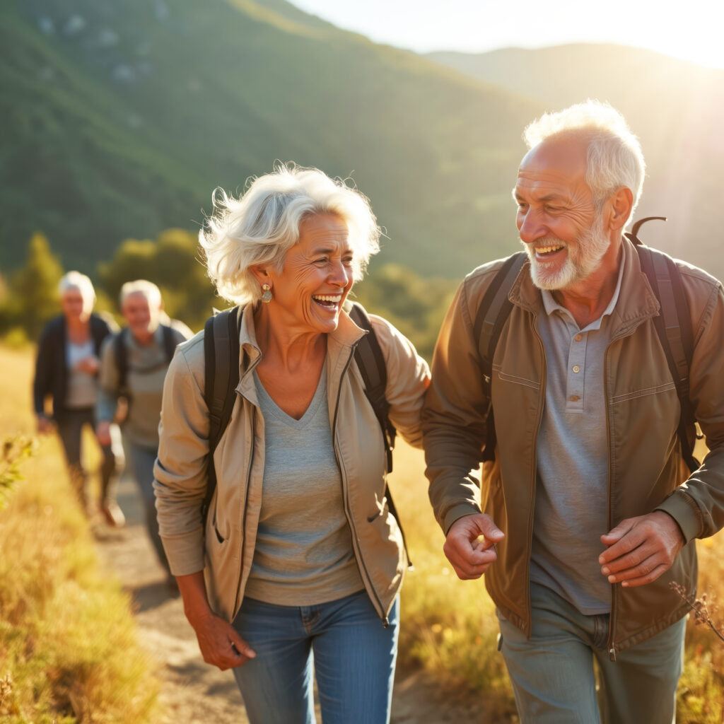 group senior friends hike together in countryside. smiling elderly couple walks, holds hands on trail. people enjoy outdoor activity, healthy lifestyle. retirement vacation at sunny mountains.