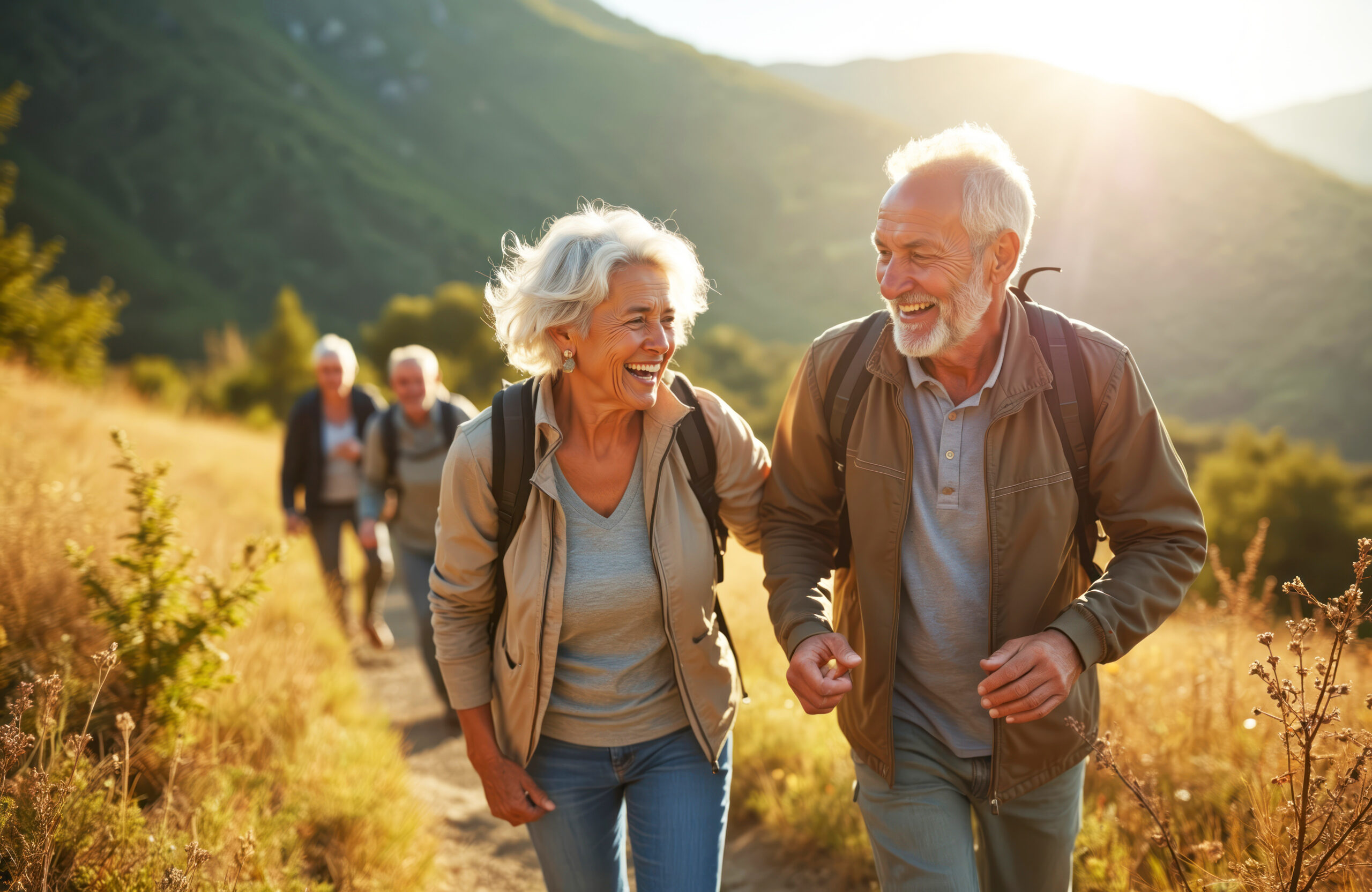 group senior friends hike together in countryside. smiling elderly couple walks, holds hands on trail. people enjoy outdoor activity, healthy lifestyle. retirement vacation at sunny mountains.