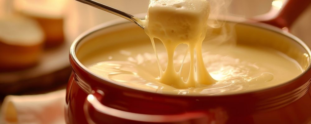 savoyard fondue in a traditional red fondue pot, clean and elegant setting, rich and creamy melted cheese beautifully presented, a metal fondue fork holding strands of cheese stretching above the pot