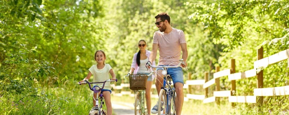 happy family riding bicycles in summer park
